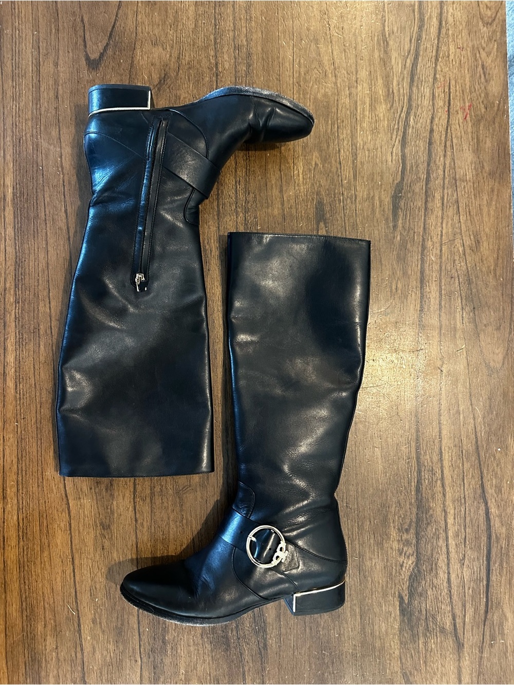 Tory Burch Women’s 8M Black Leather Knee High Riding Boots Buckle Zip